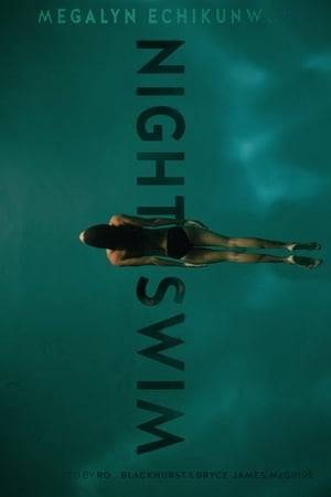 A woman swimming in her pool at night is watched by a shadowy figure.