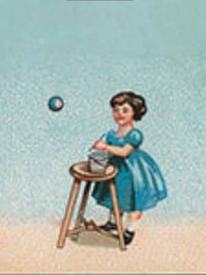 Praxinoscope animation of a girl in a blue dress blowing soap bubbles.  Series 1, number 5.