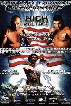 UFC 34: High Voltage was a mixed martial arts event held by the Ultimate Fighting Championship at the MGM Grand Arena on the Las Vegas Strip in Paradise, Nevada on November 2, 2001. The card was headlined by two Championship Bouts, Randy Couture faced Pedro Rizzo for the Heavyweight Title, and Matt Hughes faced Carlos Newton for the Welterweight Title.