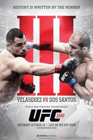 UFC 166: Velasquez vs. dos Santos III was a mixed martial arts event held on October 19, 2013, at the Toyota Center in Houston, Texas. The main event was a UFC Heavyweight Championship bout between the current champion Cain Velasquez and top contender Junior dos Santos. The two have split their two previous encounters with Dos Santos winning the first bout via first round knockout and then Velasquez winning the rematch via unanimous decision at UFC 155.