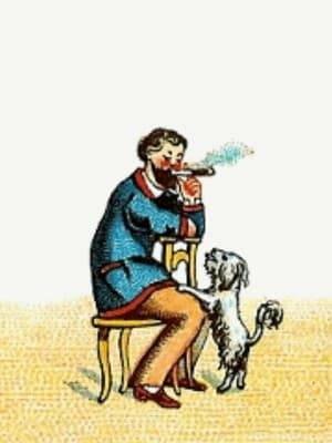 Praxinoscope animation of a man sitting backwards in a char smoking a cigar, while a dog jumps up at him.  Series 3, number 5.
