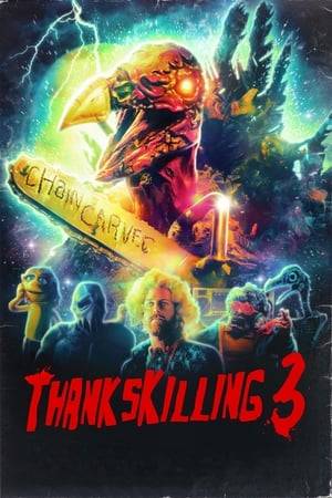 Fowl-mouthed villain Turkie carves through the likes of a rapping grandma, a mindless puppet, a wig-wearing inventor, a bisexual space worm, and their equally ridiculous friends on his quest to recover the last copy of "ThanksKilling 2". Also known as "Turkeys, In, Space!".