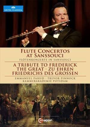 Emmanuel Pahud celebrates the 300th anniversary of the birth of Frederick the Great with a concert recorded live 16 October 2011 in the Royal Theatre of Potsdam's Neues Palais at Sanssouci. The program features concerti, sonatas, and unaccompanied works by Frederick the Great, Quantz, Benda, and C.P.E. Bach. Trevor Pinnock conducts the Kammerakademie Potsdam.